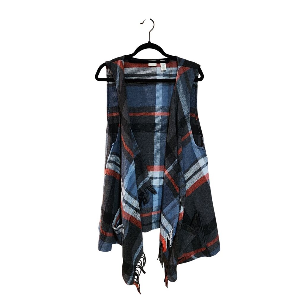 Westbound Womens Open Front Plaid Vest With Fringe Hem Size M